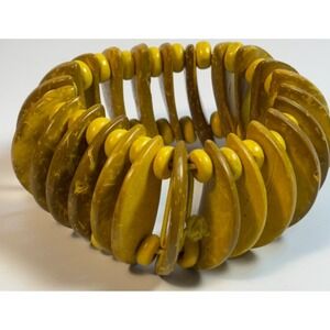 Vintage Bracelet Colorful Yellow Wooden Beads on Elastic Boho Chunky Stretch